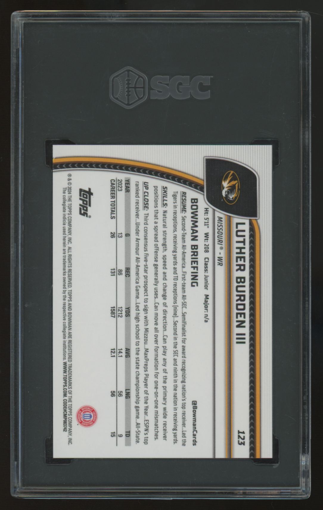 2024 Bowman Chrome U Sapphire Luther Burden III 1st Orange /25 #123 SGC 10