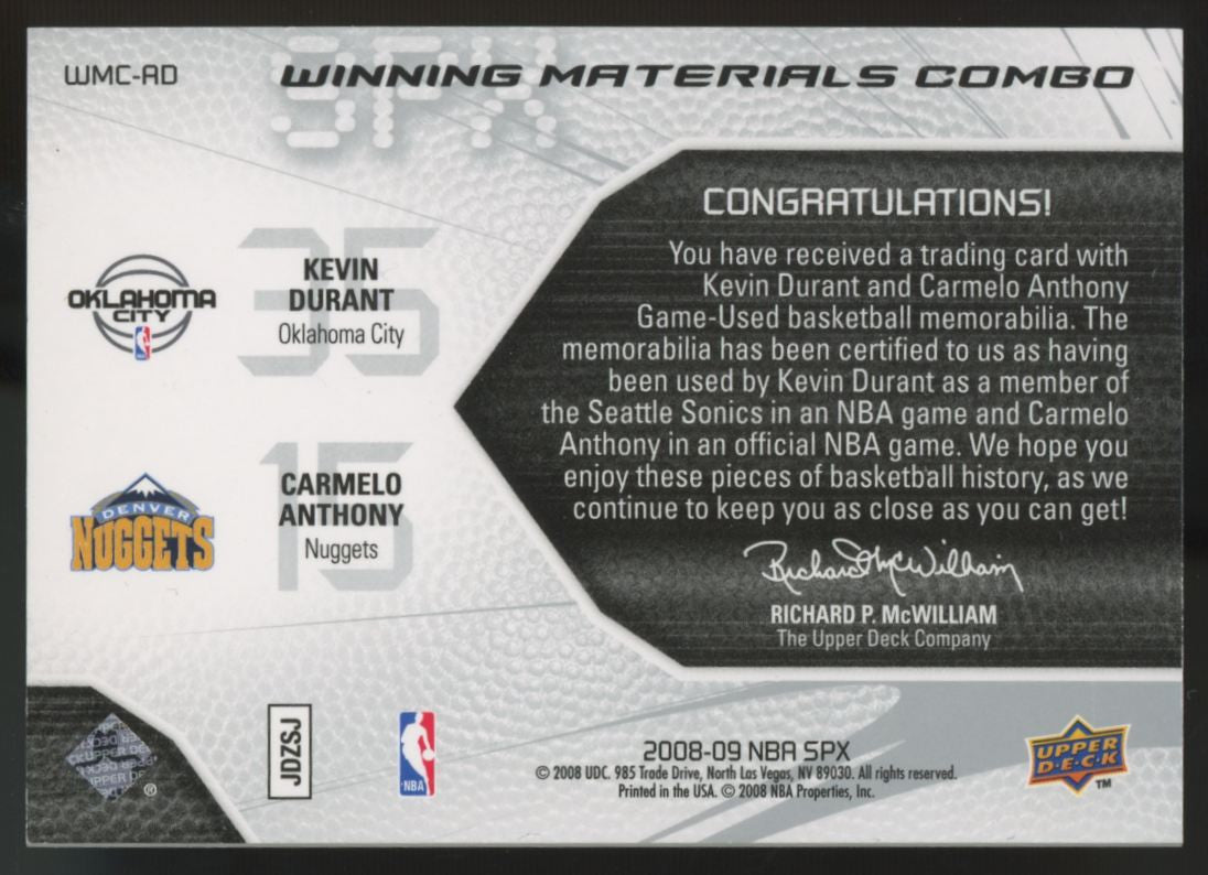 2008-09 UD SPx Kevin Durant/Carmelo Anthony Winning Materials Dual Patch #WMC-AD