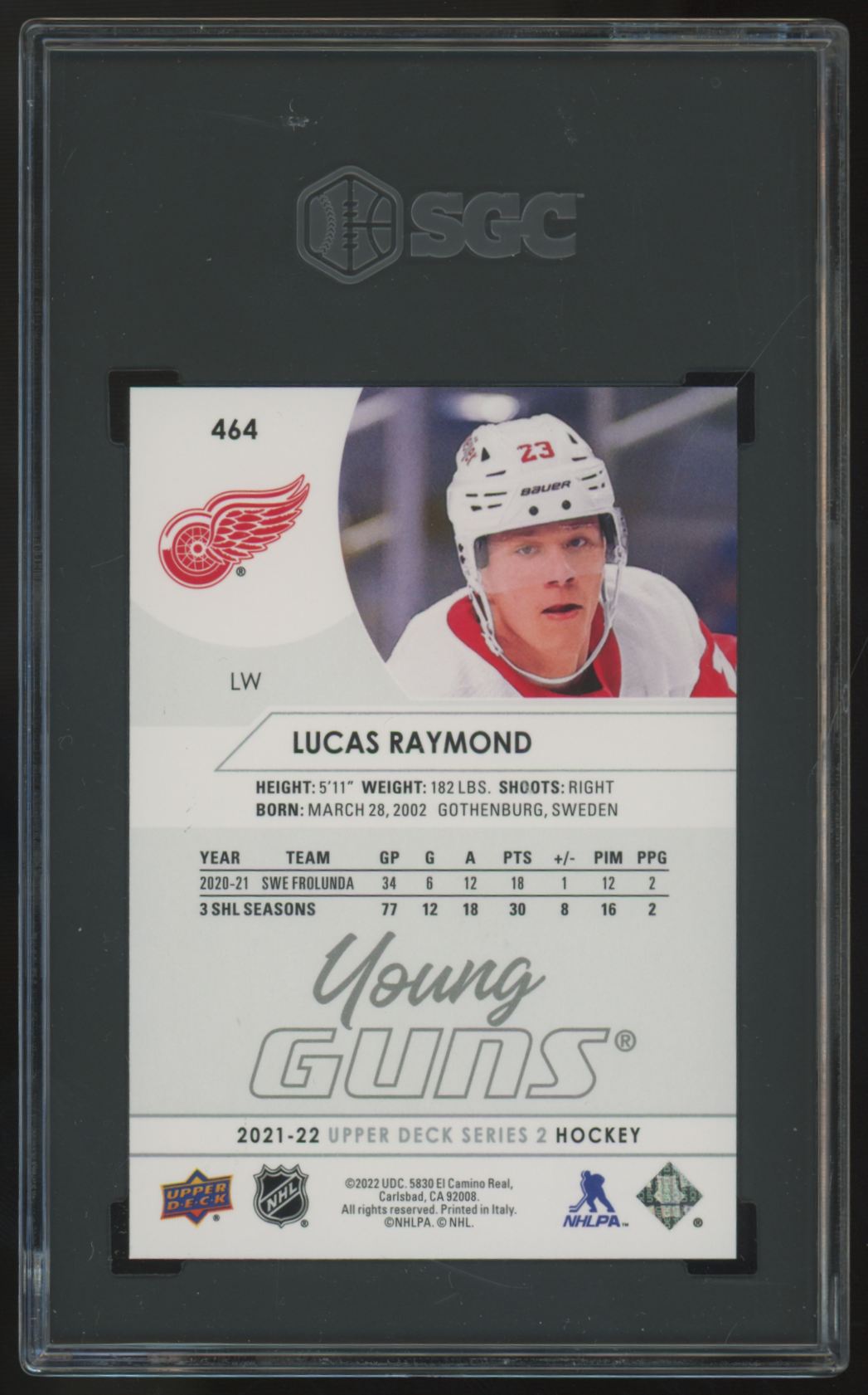 2021-22 Upper Deck Series Two Lucas Raymond RC Young Guns #464 SGC 10 *742