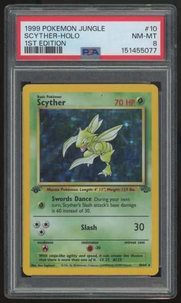 1999 Pokemon Scyther Jungle 1st Edition Holo #10 PSA 8