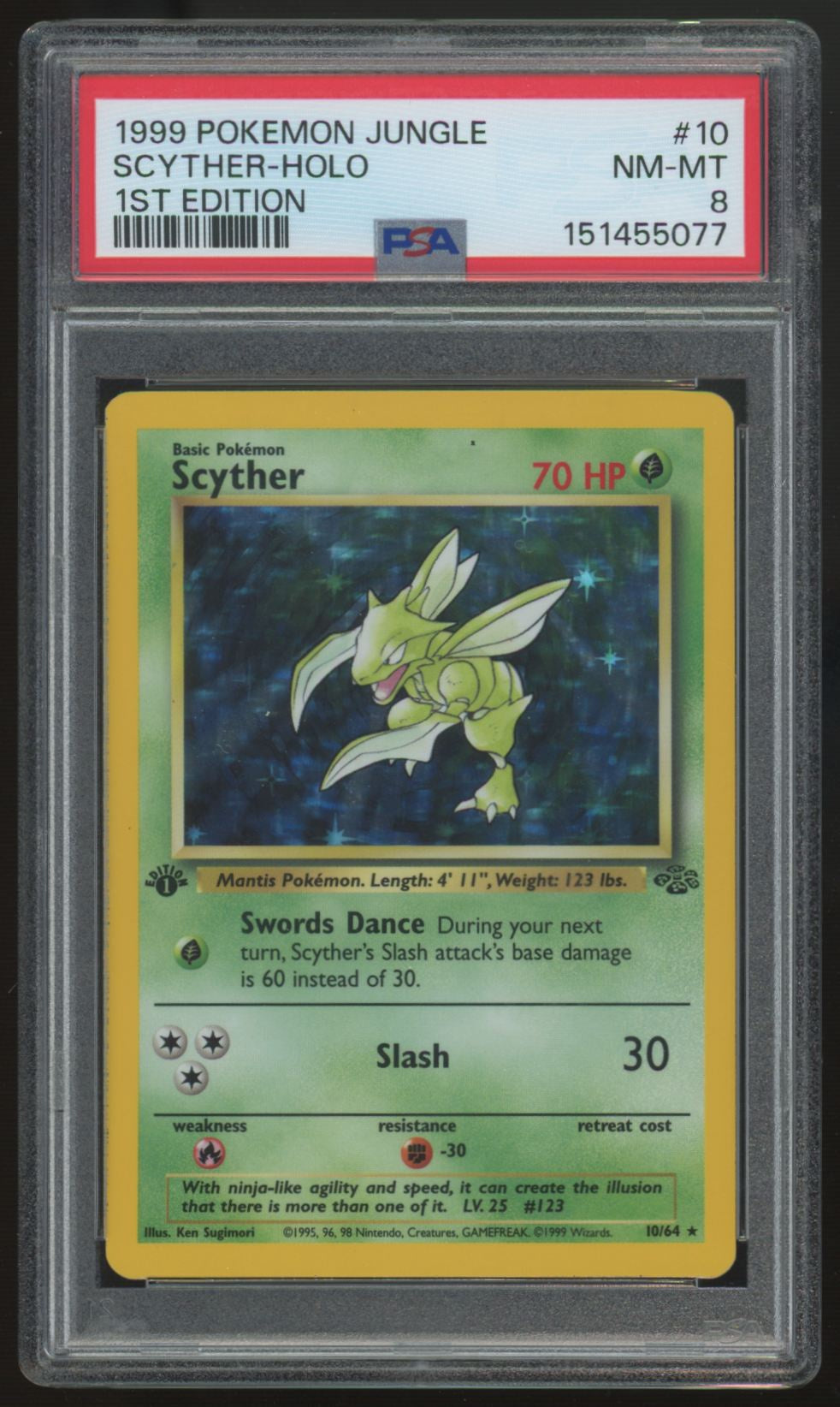1999 Pokemon Scyther Jungle 1st Edition Holo #10 PSA 8