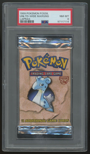 1999 Pokemon Fossil Unlimted Wide Margins Lapras Booster Pack Sealed PSA 8