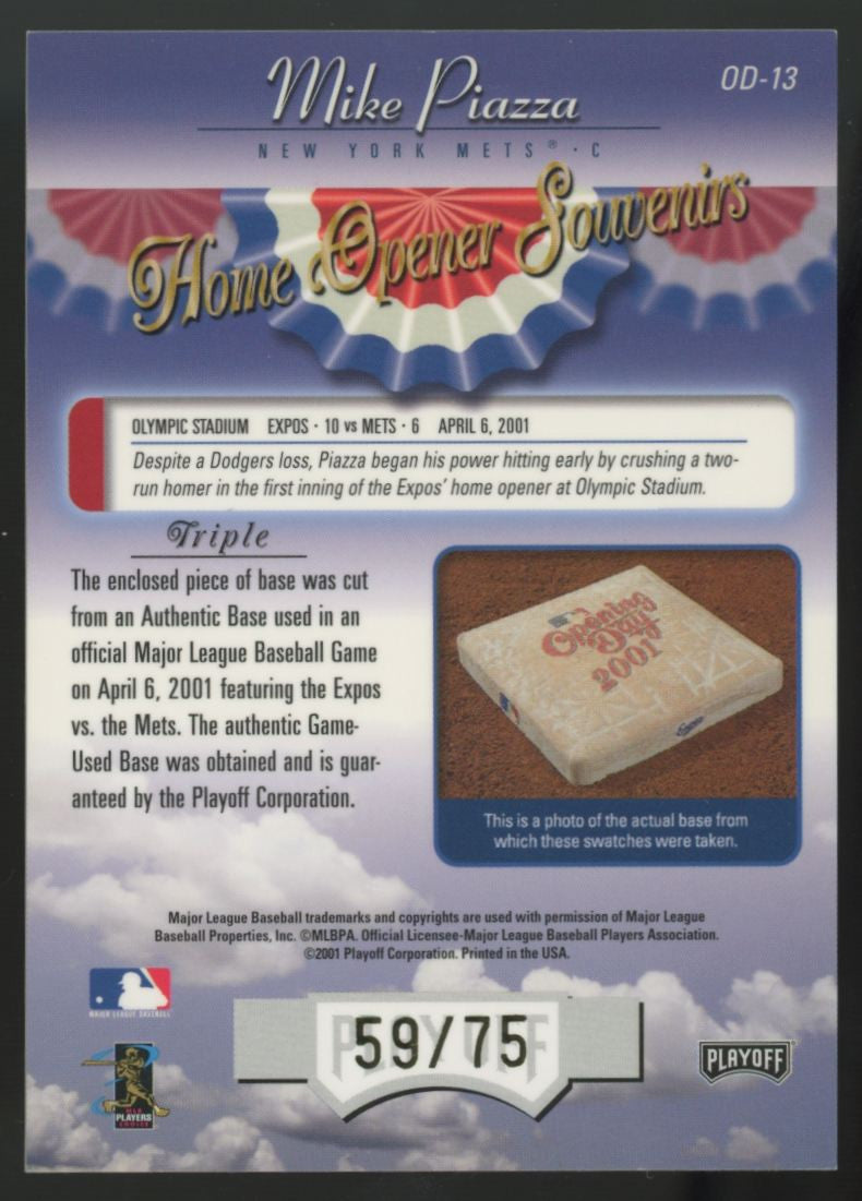 2001 Playoff Absolute Mike Piazza Home Opener Souvenirs Triple Relic /75 #OD-13