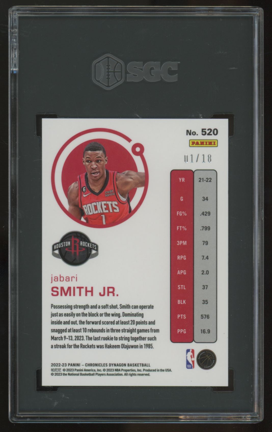 2022-23 Panini Chronicles Jabari Smith Jr. RC Dynagon Asia Jade /18 #520 SGC 10