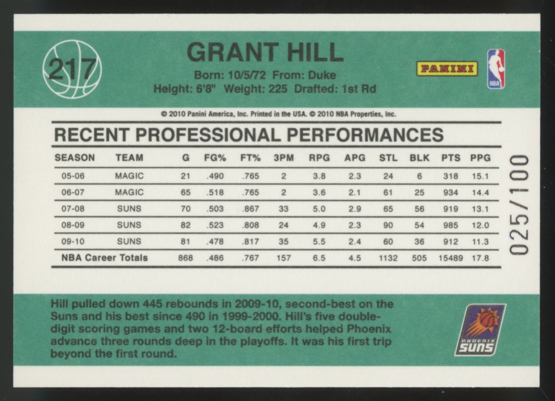 2010-11 Panini Donruss Grant Hill Press Proof /100 #217
