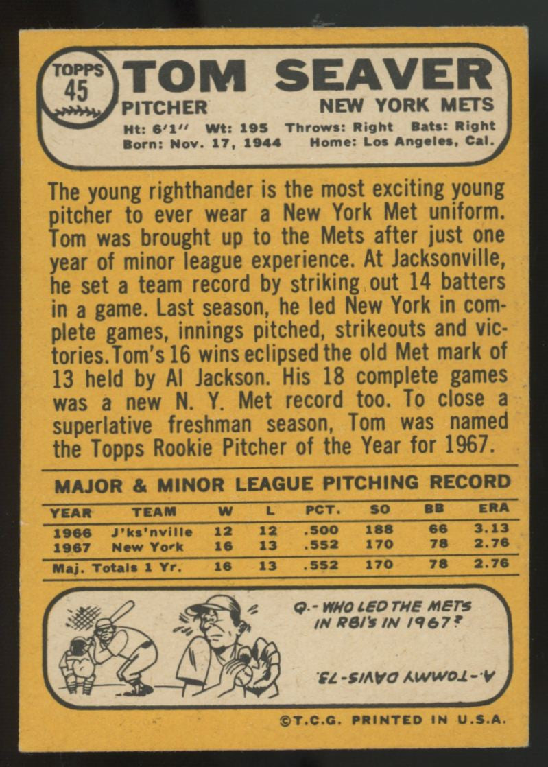 1968 Topps Tom Seaver RC #45 VG (Wrinkle)