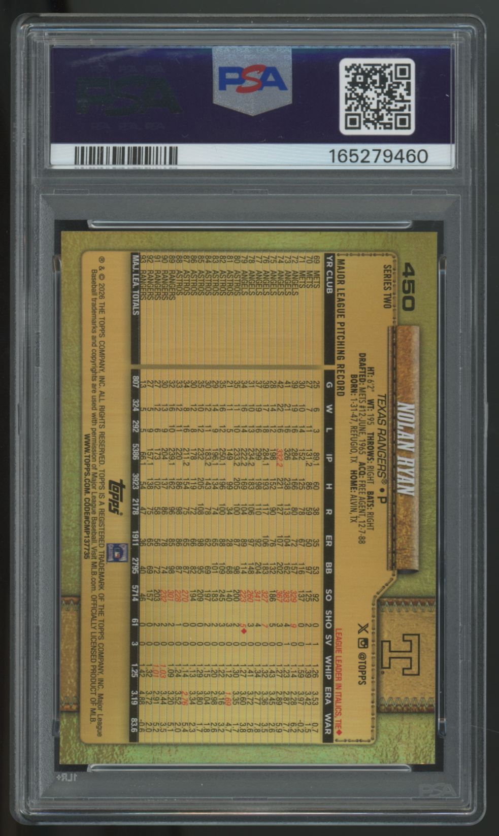 2026 Topps Nolan Ryan Golden Mirror Legend Variation SSP #450 PSA 10