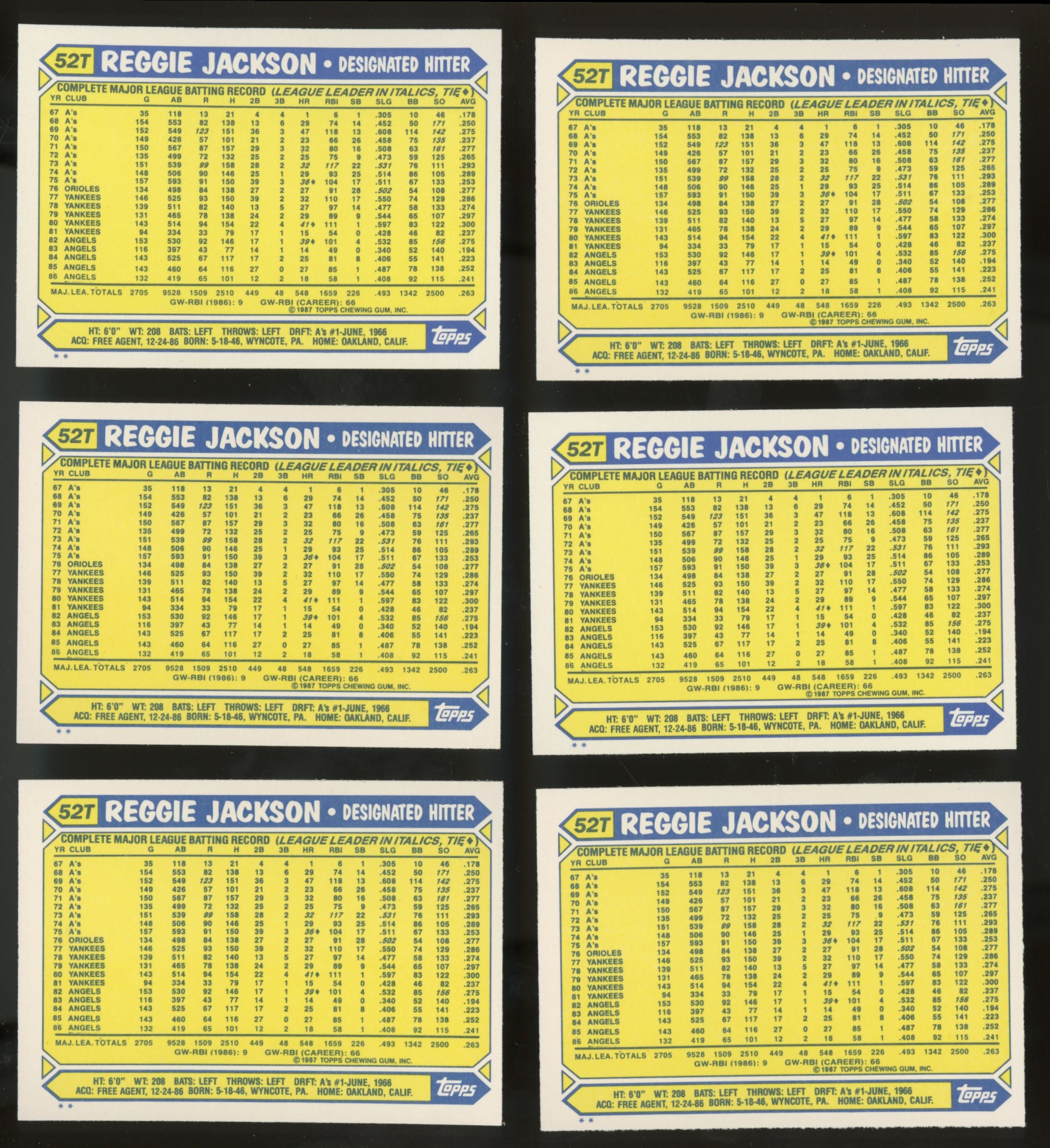 1987 Topps Traded Reggie Jackson #52T (Lot of 50)
