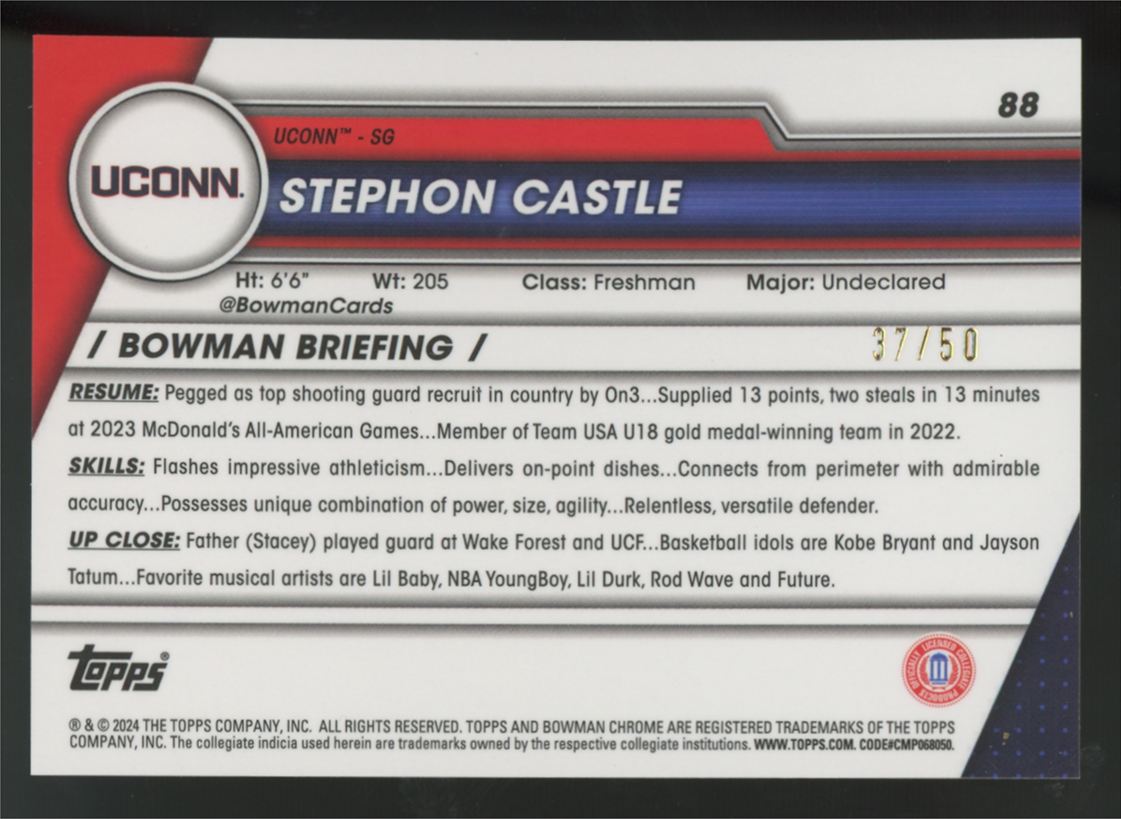 2023-24 Bowman Chrome University Stephon Castle 1st Gold Shimmer /50 #88