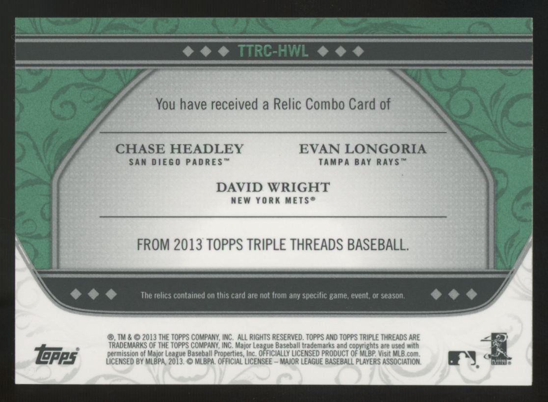 2013 Topps Triple Threads Longoria/Wright Emerald Combo Relic /18 #TTRC-HWL