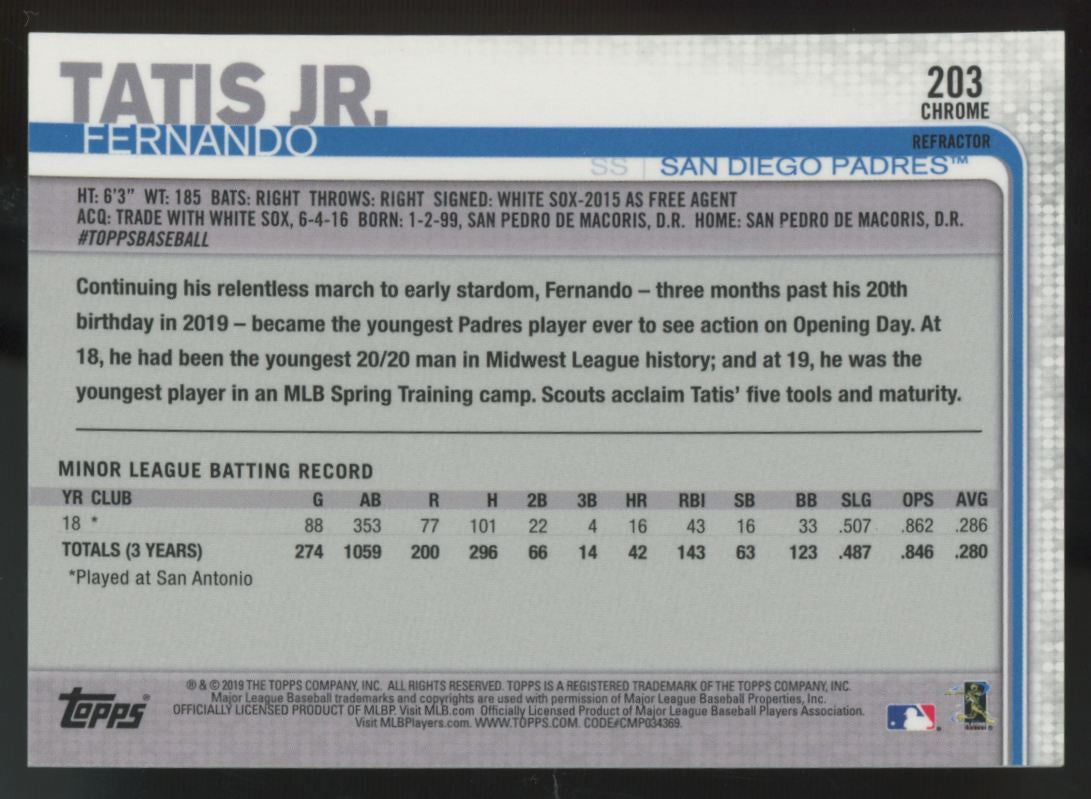 2019 Topps Chrome Fernando Tatis Jr. RC Sepia Refractor #203