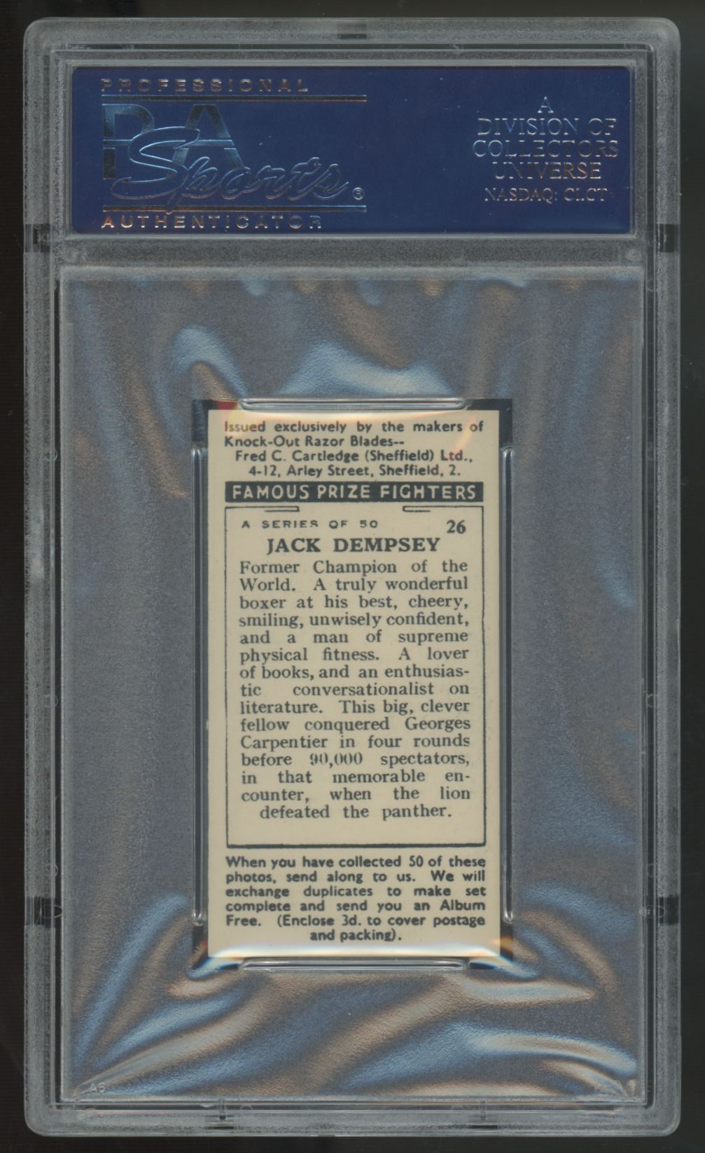 1938 F.C. Cartledge Jack Dempsey Famous Prize Fighters #26 PSA 6