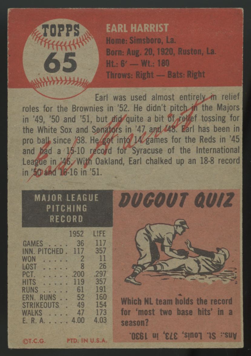 1953 Topps Earl Harrist #65 EX/MT "A"