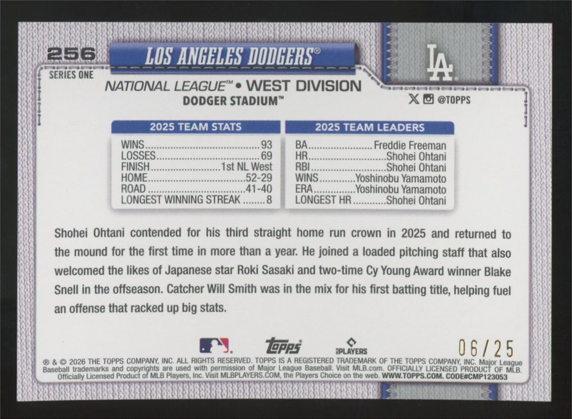 2026 Topps Series One Los Angeles Dodgers Team Card Wood /25 #256