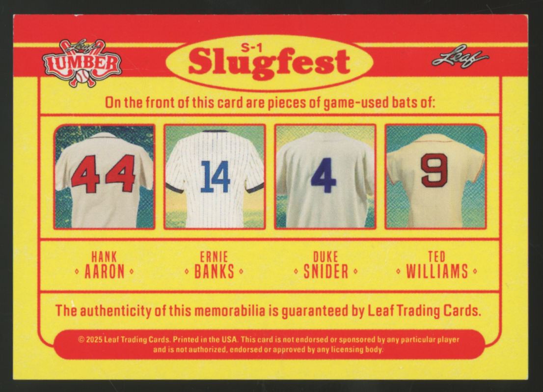 2025 Leaf Lumber Hank Aaron Ernie Banks Snider Ted Williams Quad Bat Relic 1/1