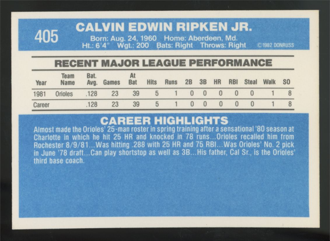 1982 Donruss Cal Ripken Jr. RC #405 NM-MT "A"