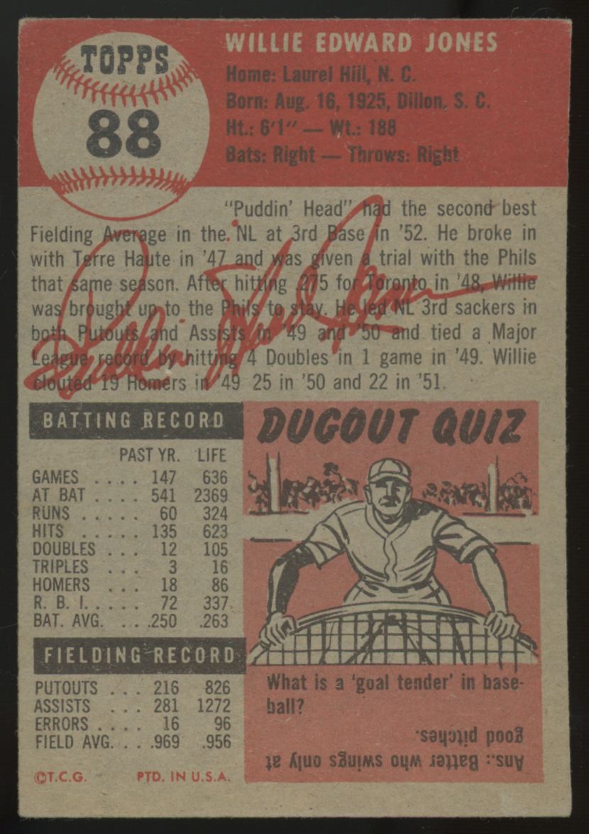 1953 Topps Willie Jones #88 VG/EX "A"
