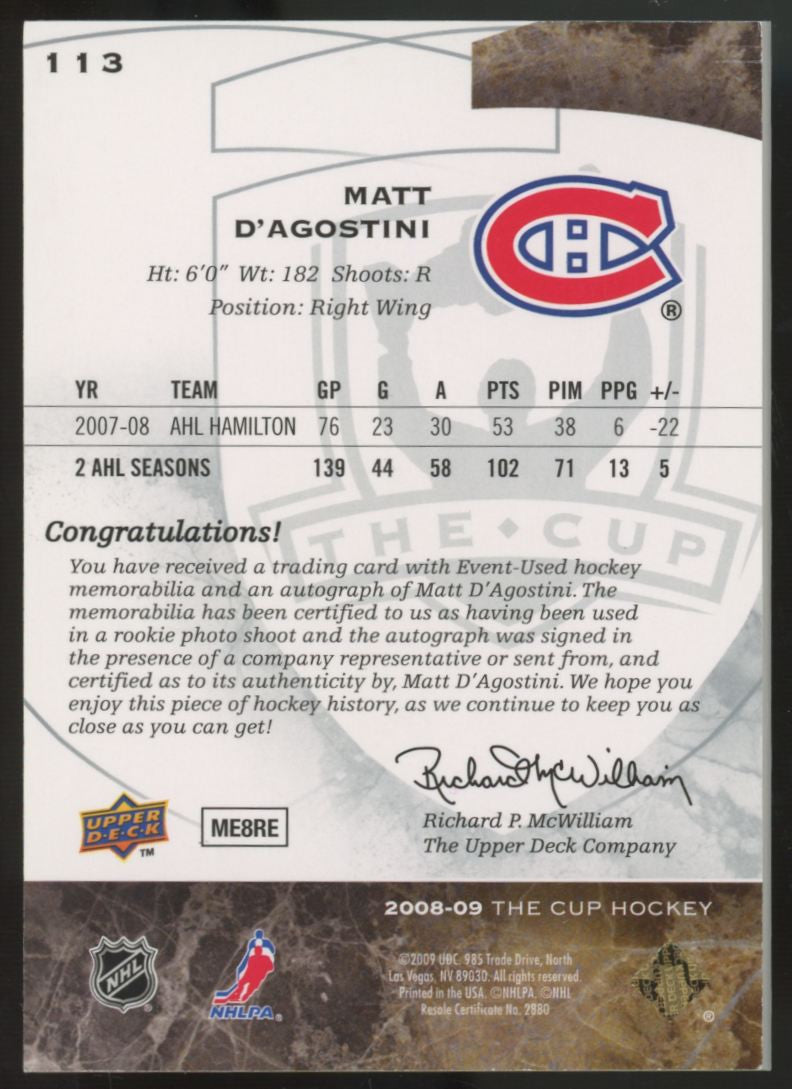 2008-09 Upper Deck The Cup Matt D'Agostini RC Patch Auto RPA /249 #113
