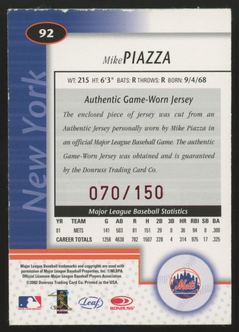 2002 Leaf Certified Mike Piazza Mirror Red Patch /150 #92