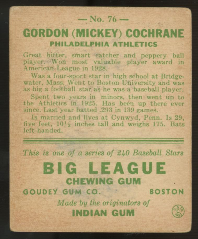 1933 Goudey Gordon "Mickey" Cochrane #76 VG
