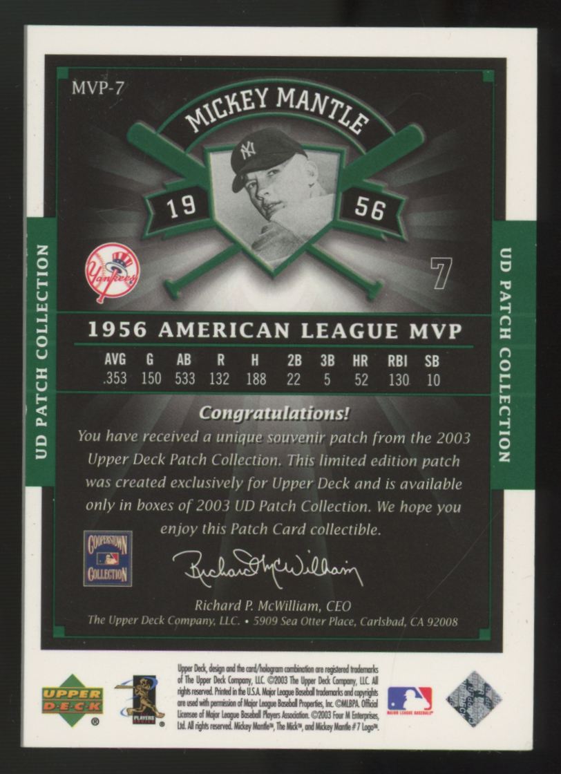 2003 Upper Deck Patch Collection Mickey Mantle Manufactured MVP Patch #MVP-7