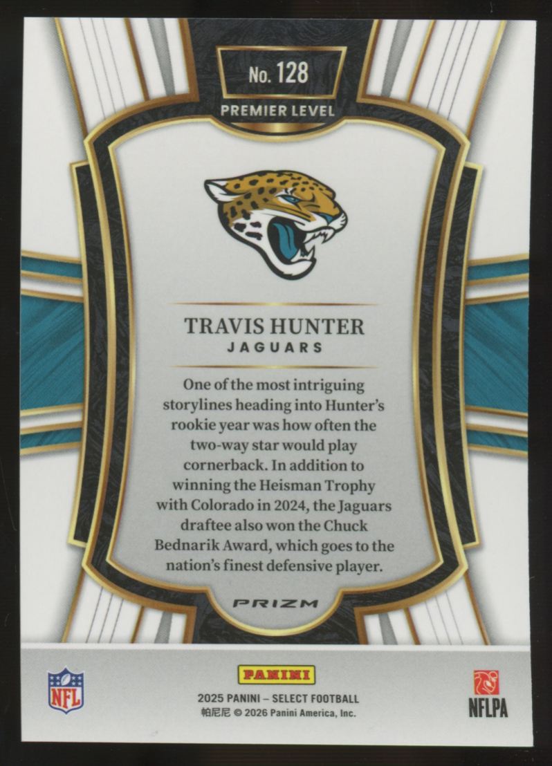 2025 Panini Select Travis Hunter RC Premier Level Zebra Shock Prizm SSP #128