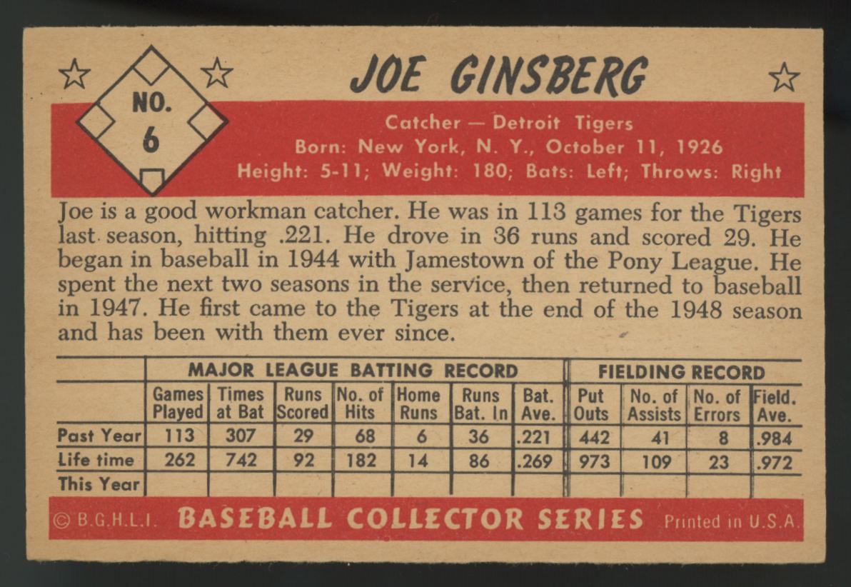 1953 Bowman Color Joe Ginsberg #6 VG/EX