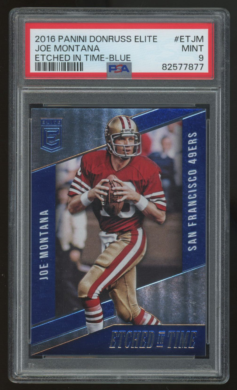 2016 Panini Donruss Elite Joe Montana Blue Etched In Time /10 #ET-JM PSA 9
