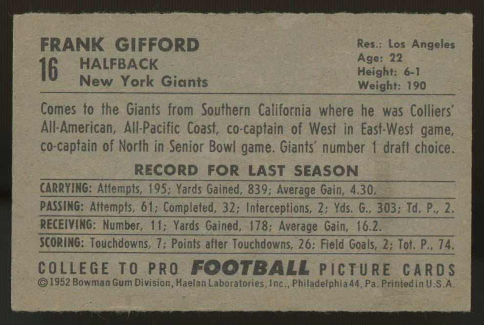 1952 Bowman Small Frank Gifford RC #16 VG (Creases)