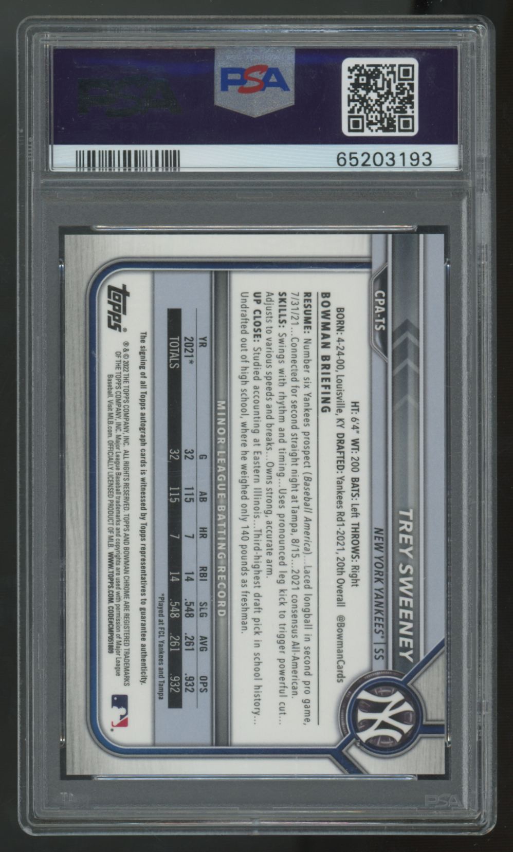 2022 Bowman Trey Sweeney 1st Prospect Chrome Auto #CPA-TS PSA 9