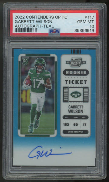 2022 Panini Contenders Optic Garrett Wilson RC Ticket Teal Auto /99 #117 PSA 10