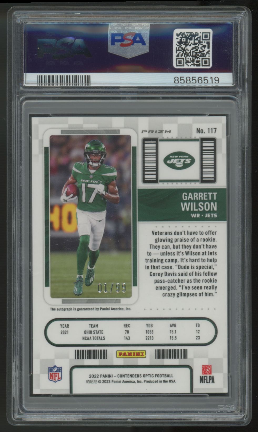 2022 Panini Contenders Optic Garrett Wilson RC Ticket Teal Auto /99 #117 PSA 10