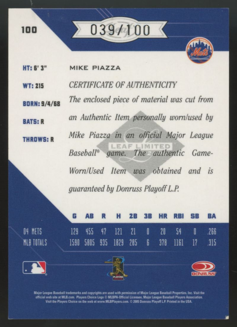 2005 Leaf Limited Mike Piazza Threads Prime Patch /100 #100