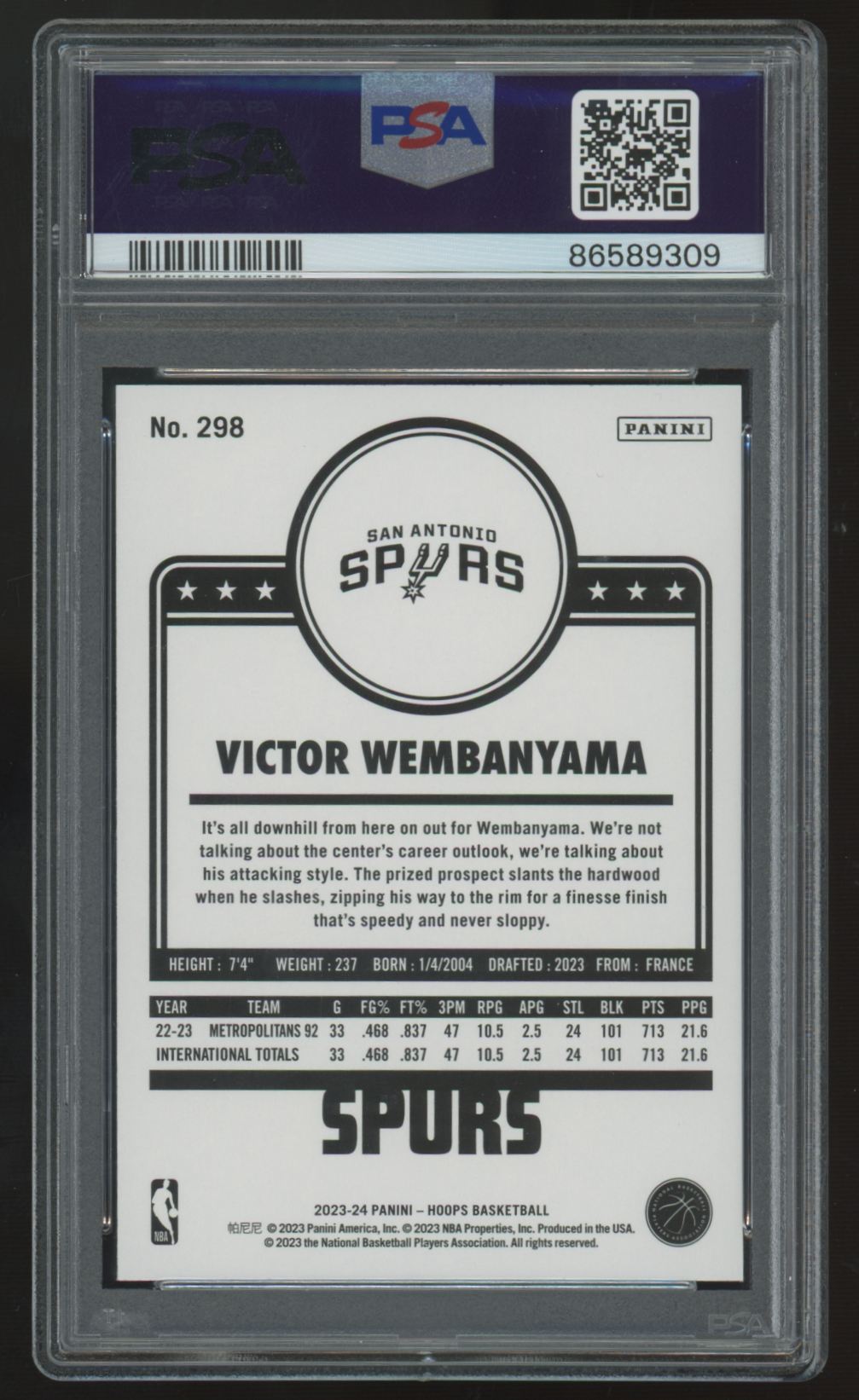 2023-24 Panini Hoops Victor Wembanyama RC #298 PSA 10
