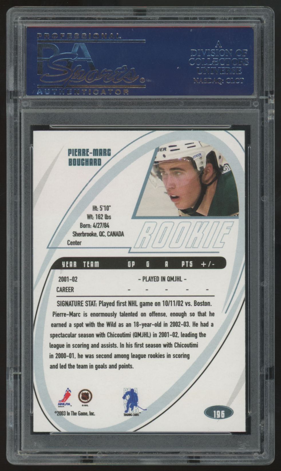 2002-03 Be A Player Pierre-Marc Bouchard RC Signature Series #196 PSA 10