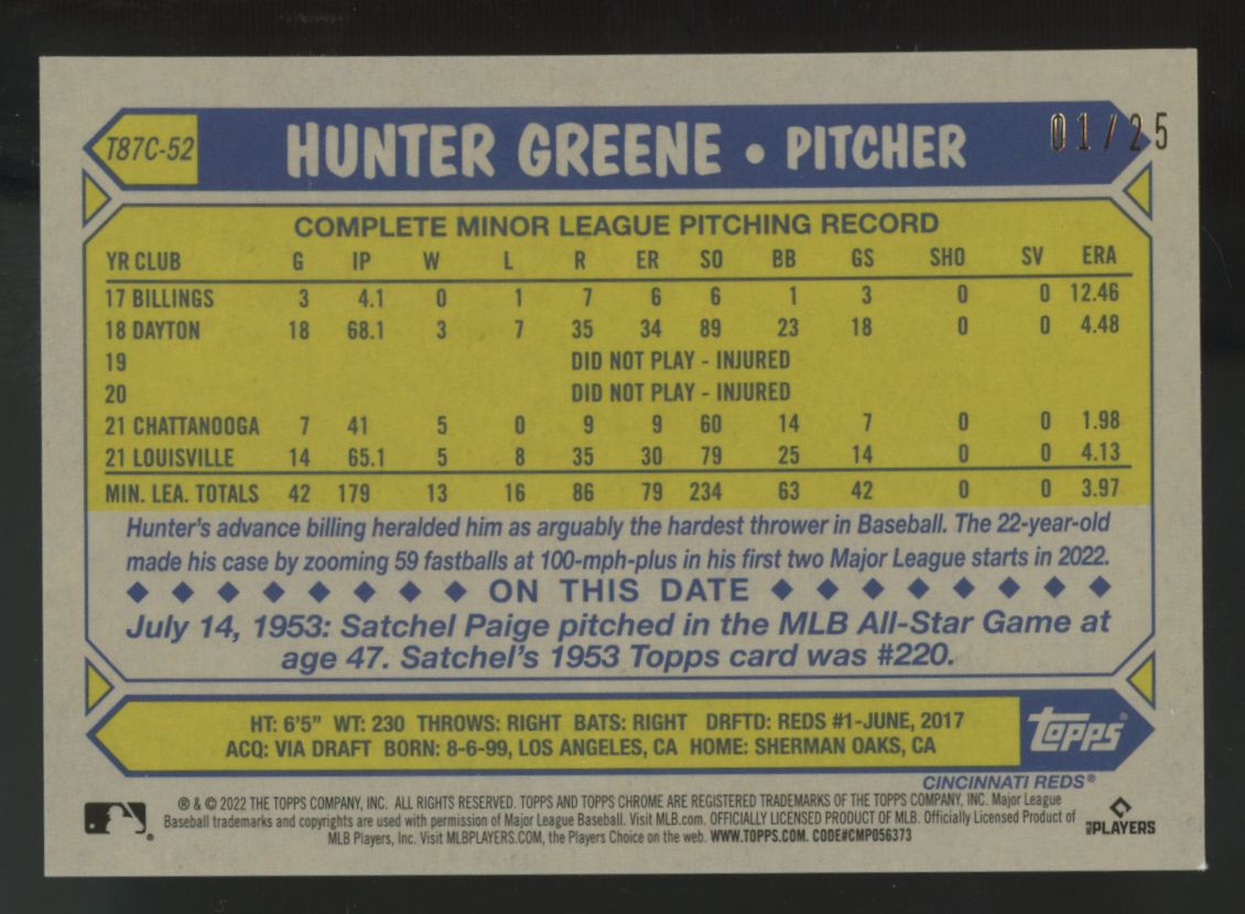 2022 Topps Update Hunter Greene RC Chrome '87 Orange Refractor /25 #T87C-52