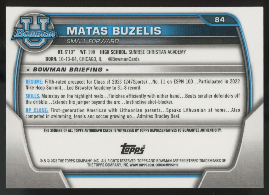 2022-23 Bowman Chrome University Matas Buzelis 1st Auto #84