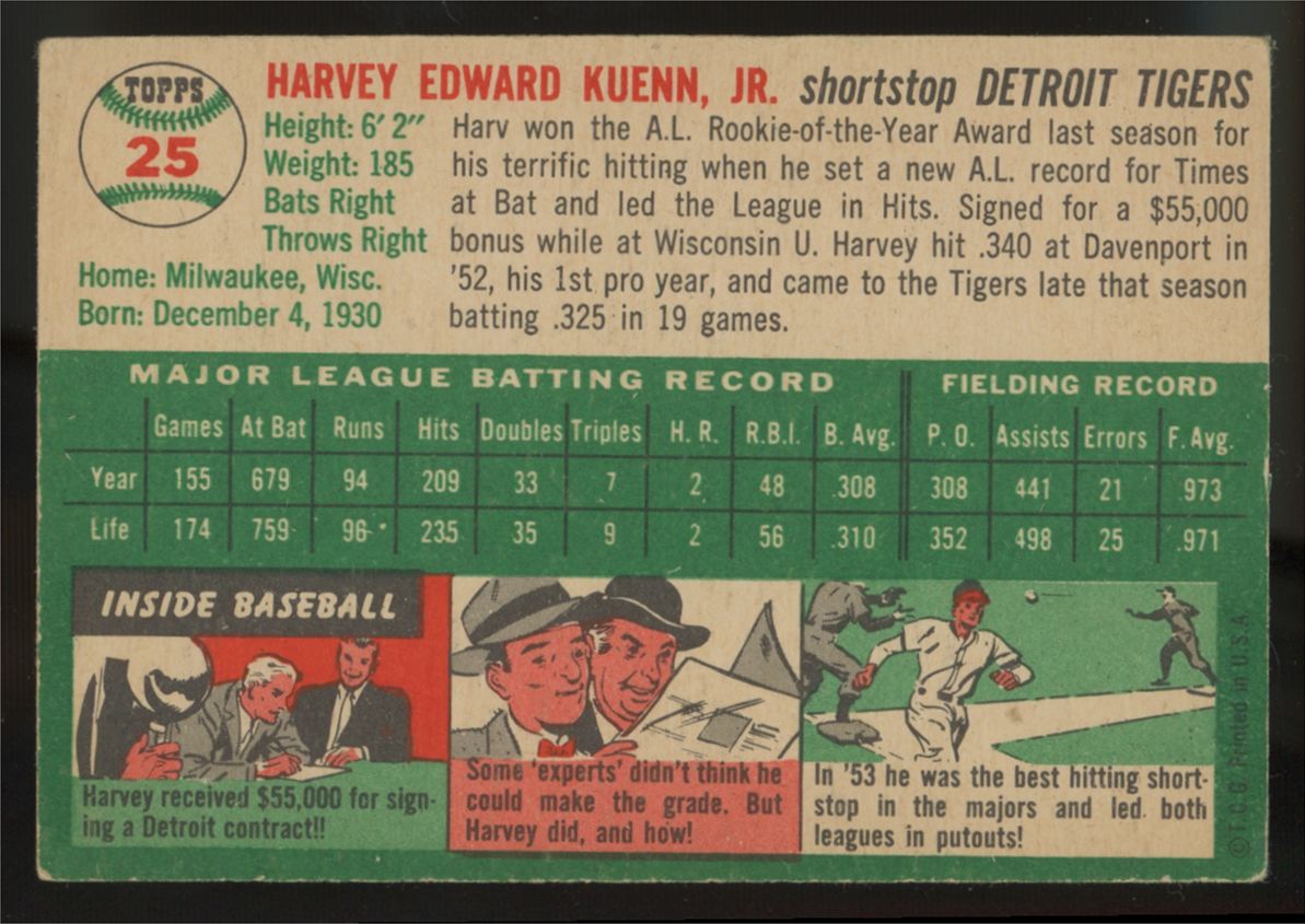 1954 Topps Harvey Kuenn RC #25 VG/EX