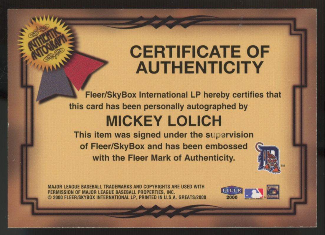 2000 Fleer Greats Of The Game Mickey Lolich Auto