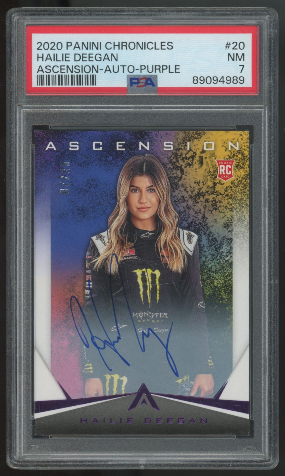 2020 Panini Chronicles Ascension Hailie Deegan RC Purple Auto /25 #20 PSA 7