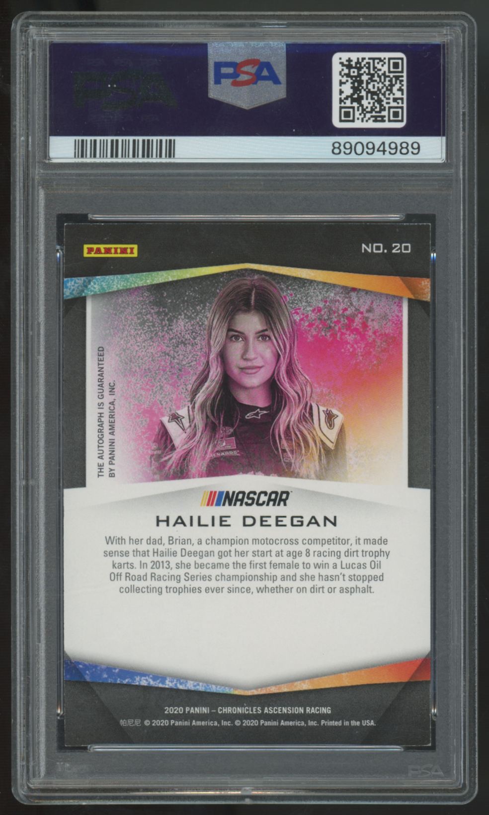 2020 Panini Chronicles Ascension Hailie Deegan RC Purple Auto /25 #20 PSA 7