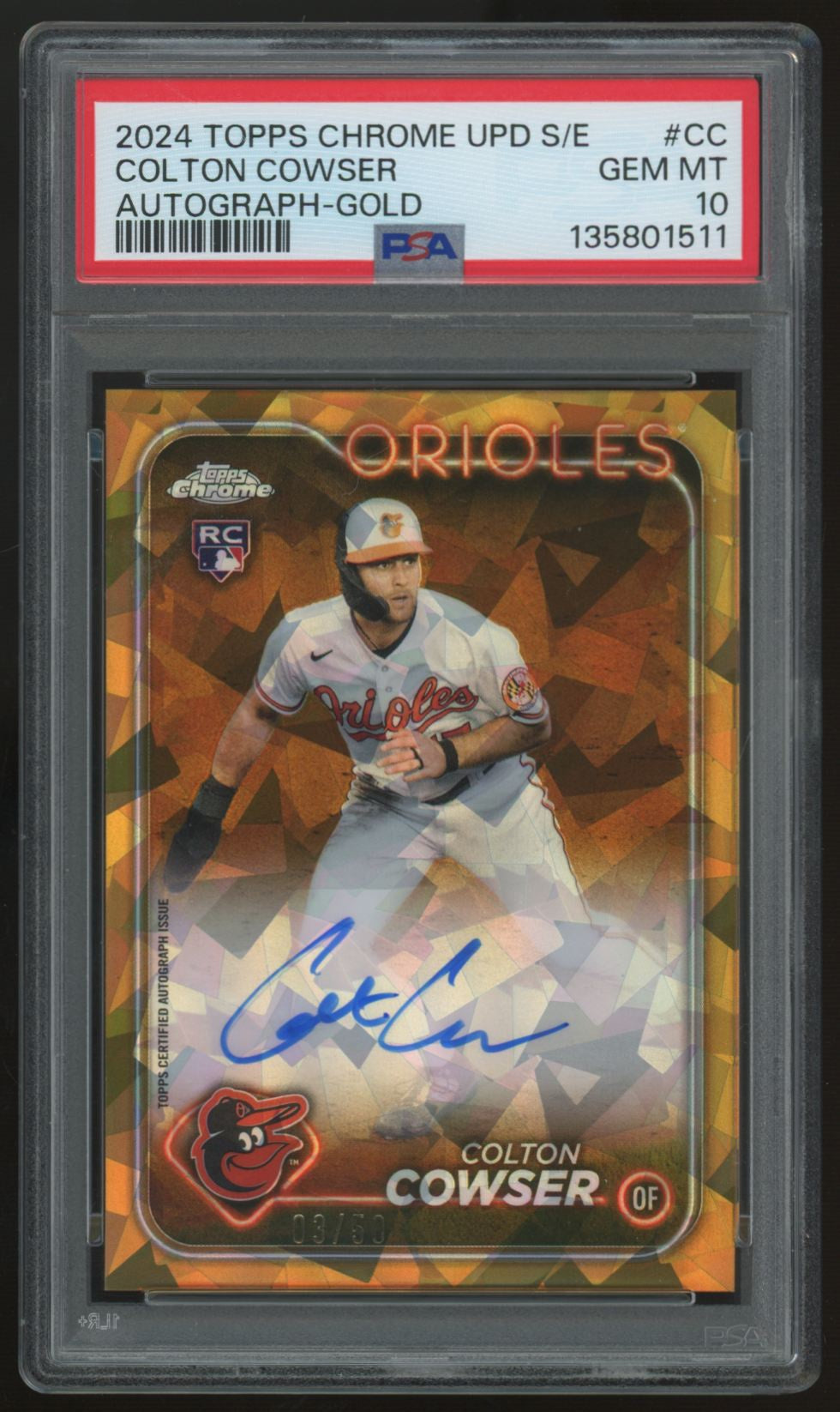 2024 Topps Chrome Update Sapphire Colton Cowser RC Gold Auto /50 #USA-CC PSA 10