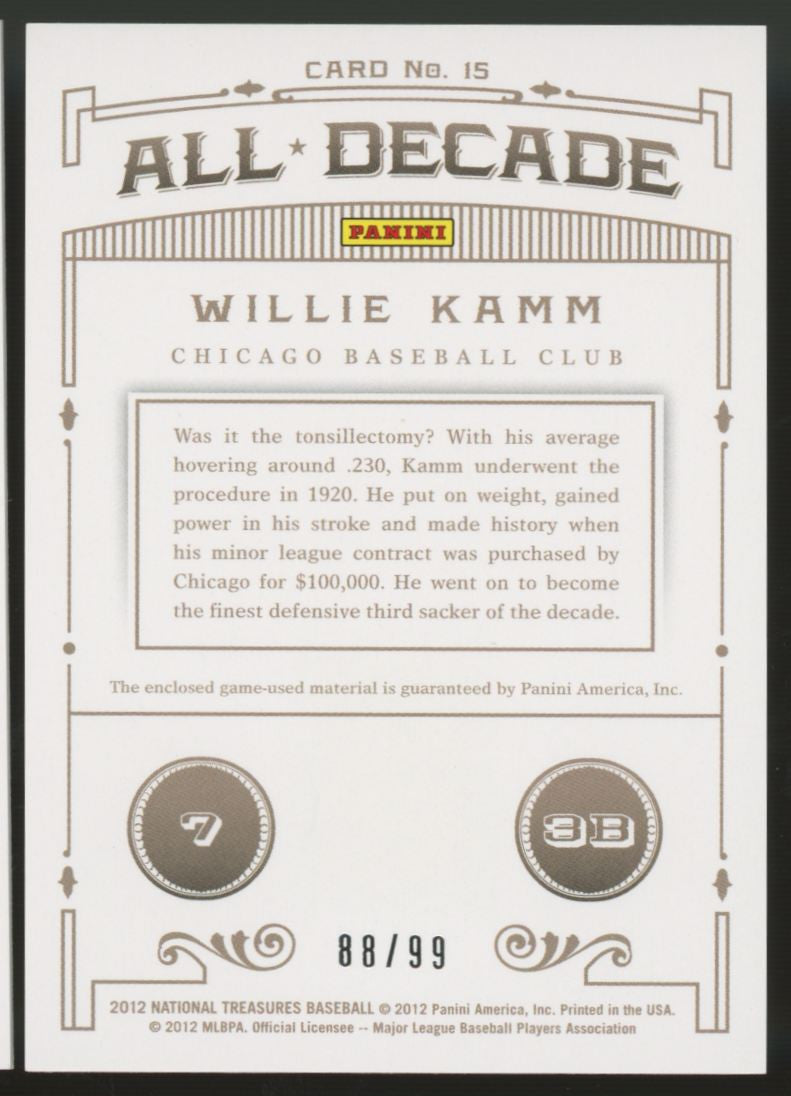 2012 National Treasures Willie Kamm 1920s All-Decade Relic /99 #15