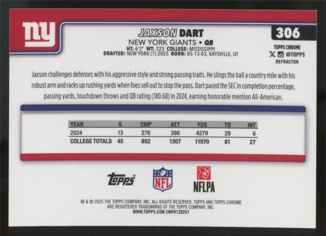 2025 Topps Chrome Jaxson Dart RC Refractor #306