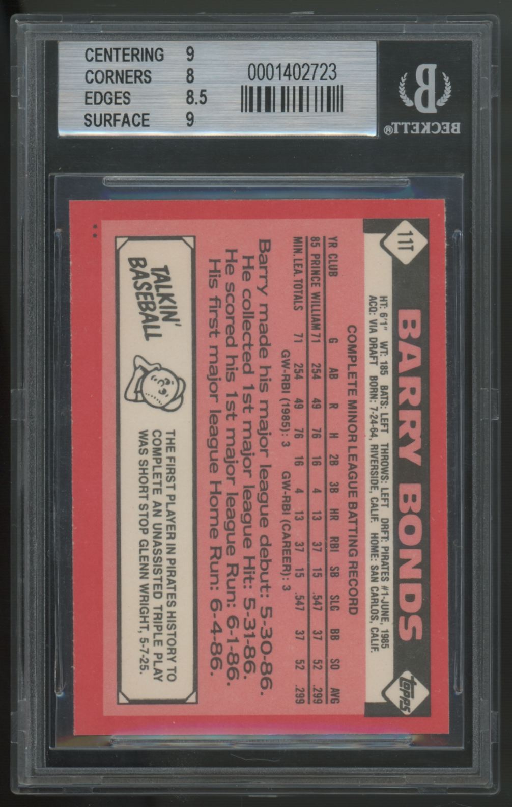 1986 Topps Traded Barry Bonds RC #11T BGS 8.5 *723