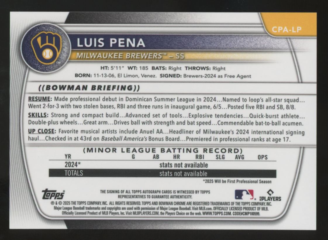 2025 Bowman Luis Pena 1st Prospect Chrome Auto #CPA-LP