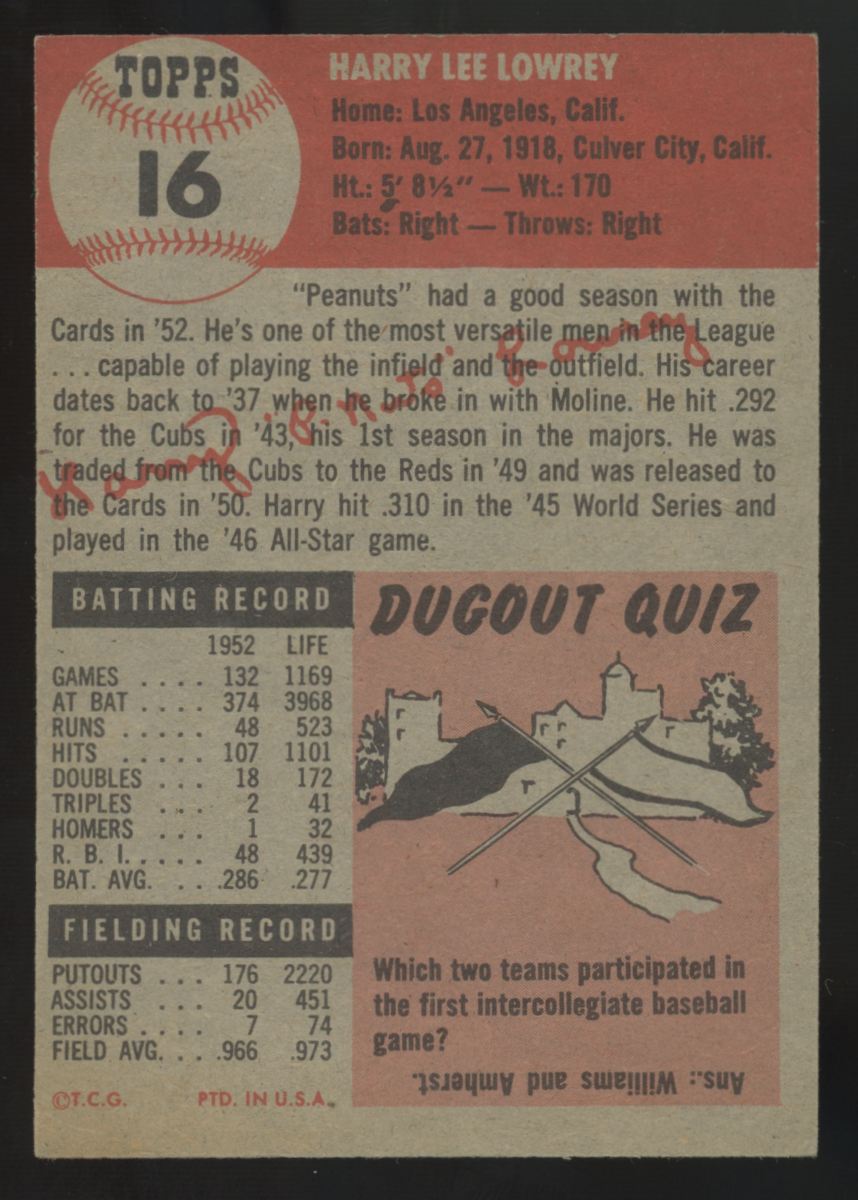 1953 Topps Harry Lowery #16 Good