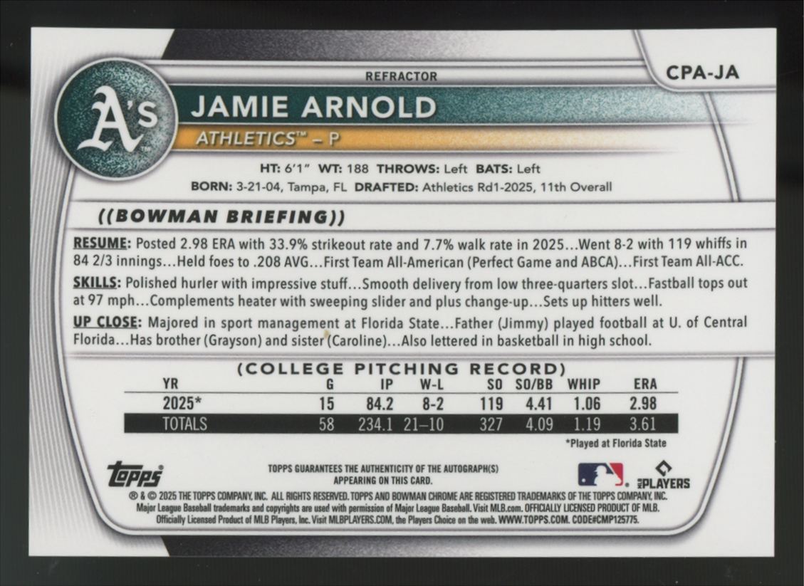 2025 Bowman Draft Jamie Arnold 1st Chrome Prospect Refractor Auto /499 #CPA-JA