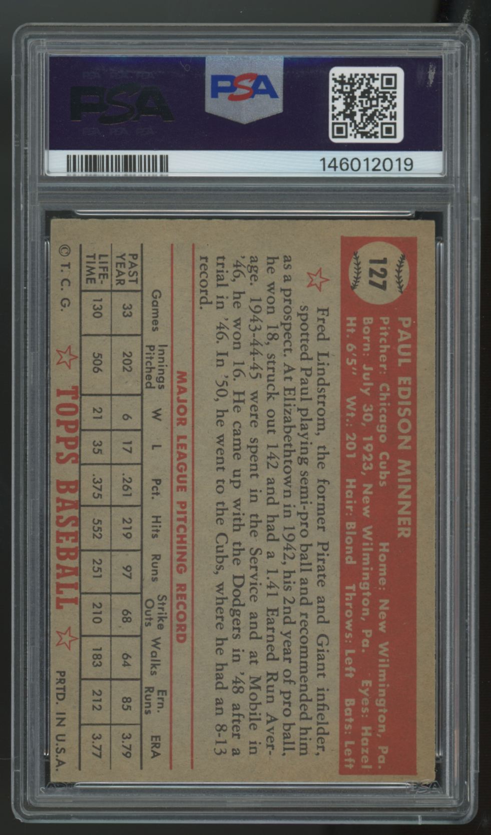 1952 Topps Paul Minner #127 PSA 4