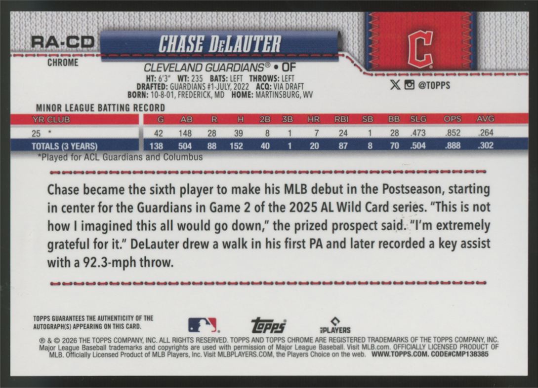 2026 Topps Chrome Chase DeLauter RC Yellow Refractor Auto /275 #RA-CD